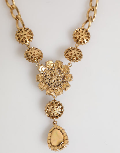 Dolce & Gabbana Gold Brass Crystal Pearl Purple Floral Pendant Necklace
