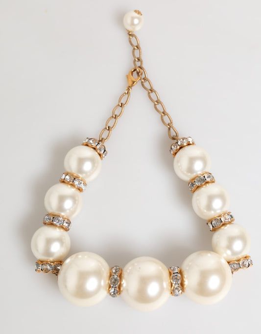 Dolce & Gabbana Gold Brass Faux Pearl Crystal Statement Necklace