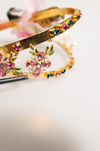 Dolce & Gabbana Gold Floral Tiara Pink Roses Crystal Crown Headband
