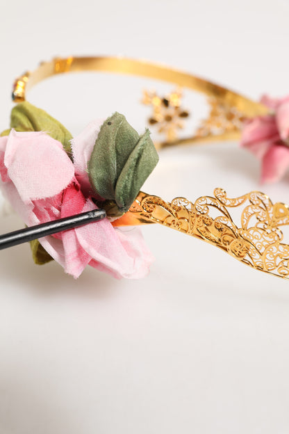Dolce & Gabbana Gold Floral Tiara Pink Roses Crystal Crown Headband