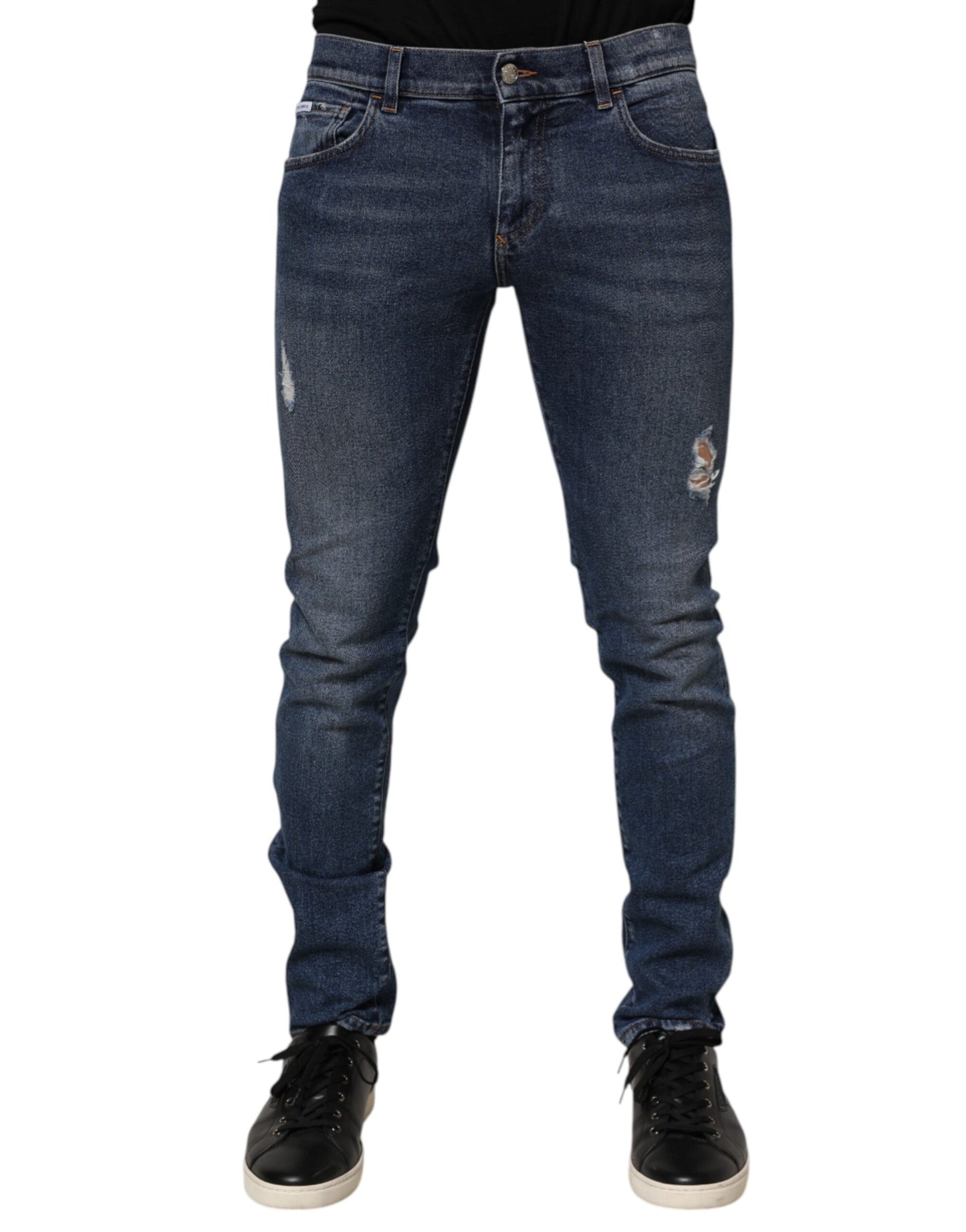 Dolce & Gabbana Blue Cotton Logo Plaque Skinny Jeans for Men