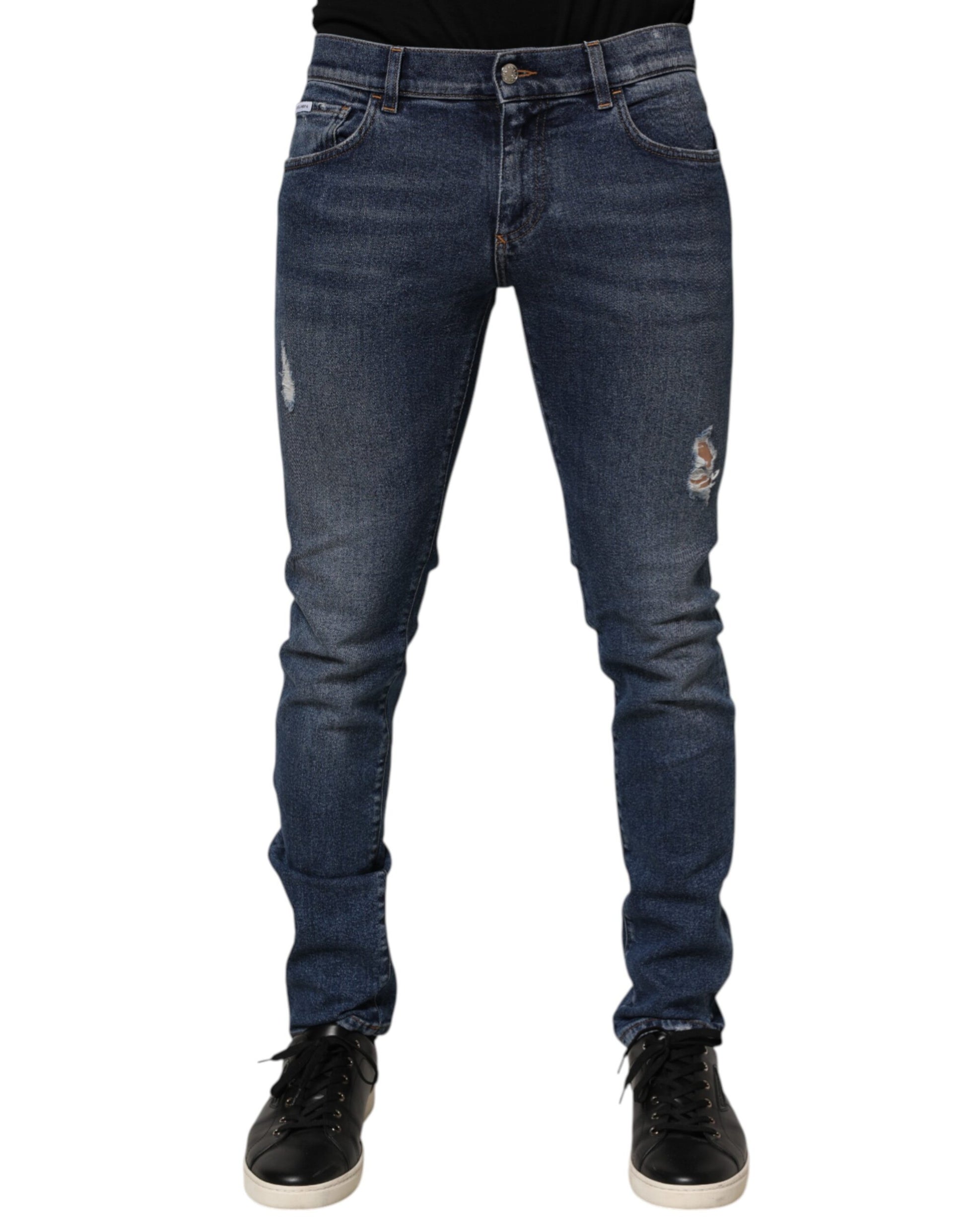 Dolce & Gabbana Blue Cotton Logo Plaque Skinny Jeans for Men