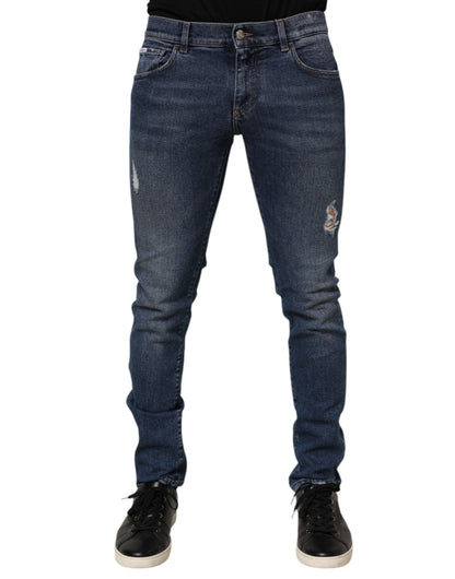 Dolce & Gabbana Blue Cotton Logo Plaque Skinny Jeans for Men
