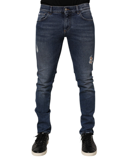 Dolce & Gabbana Blue Cotton Logo Plaque Skinny Jeans for Men