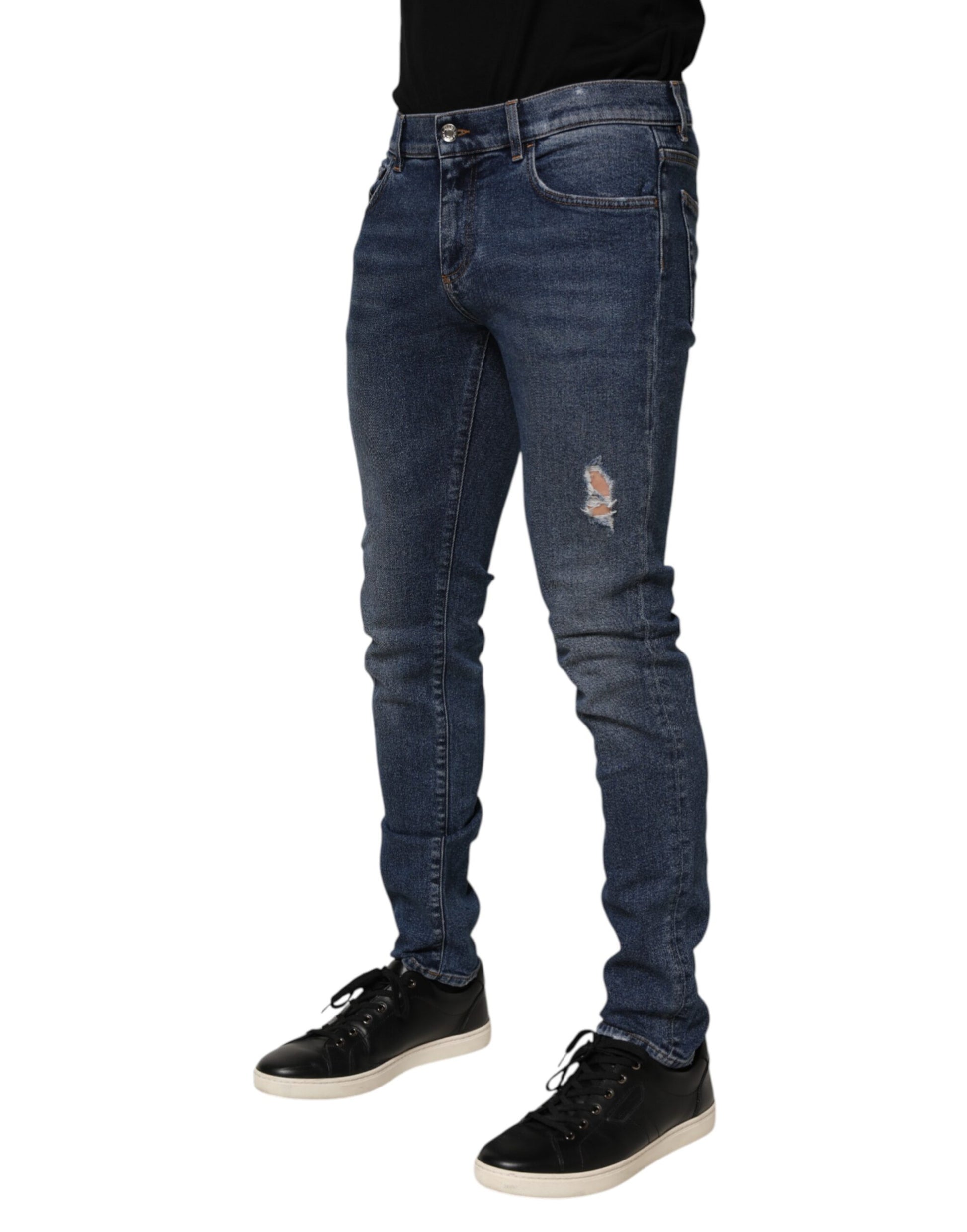 Dolce & Gabbana Blue Cotton Logo Plaque Skinny Jeans for Men
