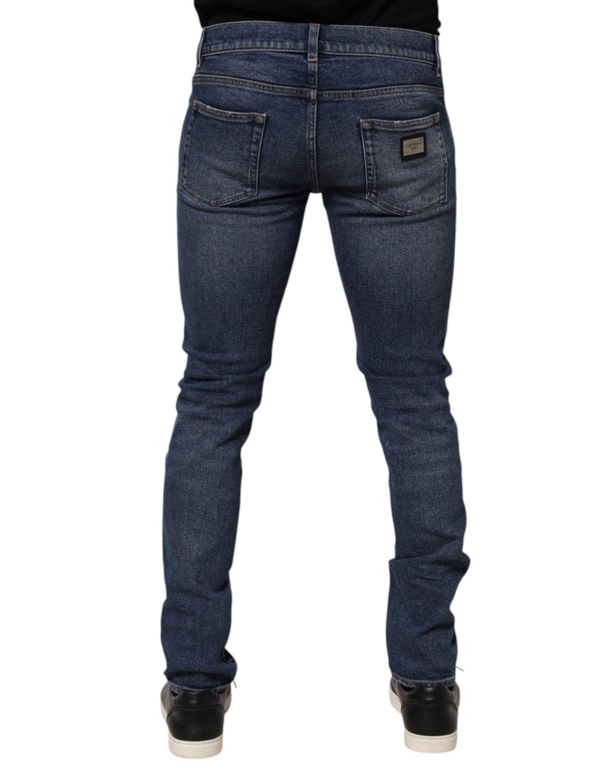 Dolce & Gabbana Blue Cotton Logo Plaque Skinny Jeans for Men