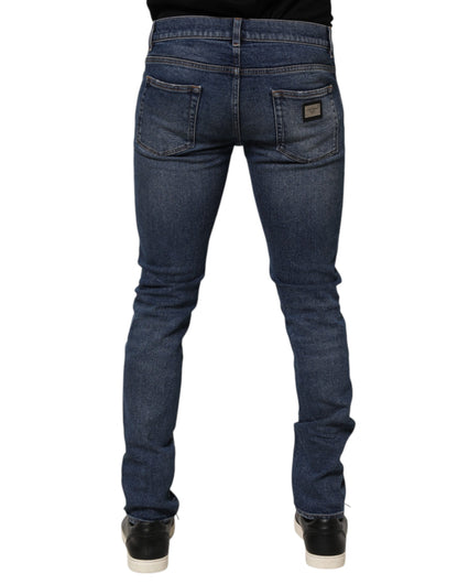 Dolce & Gabbana Blue Cotton Logo Plaque Skinny Jeans for Men