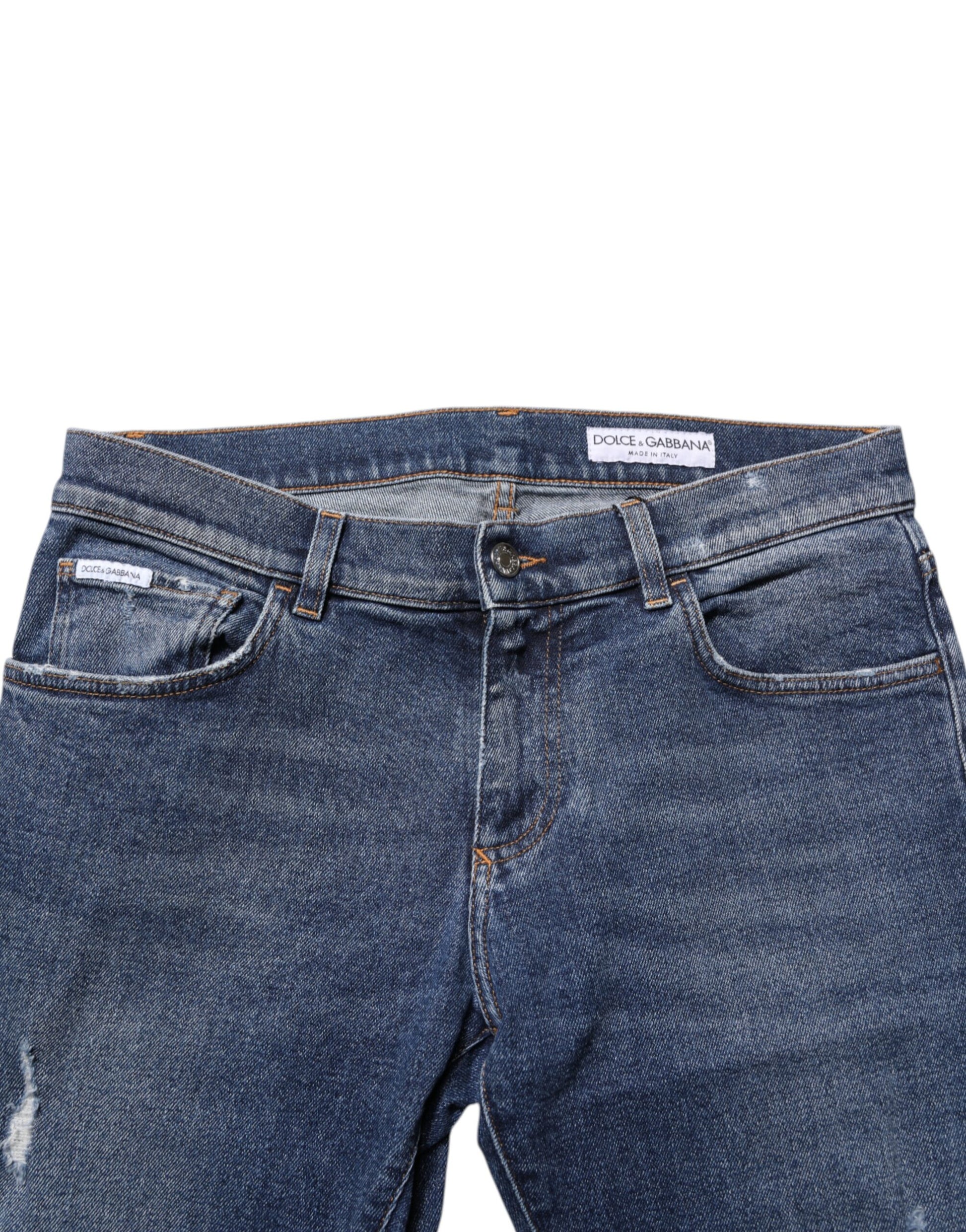 Dolce & Gabbana Blue Cotton Logo Plaque Skinny Jeans for Men