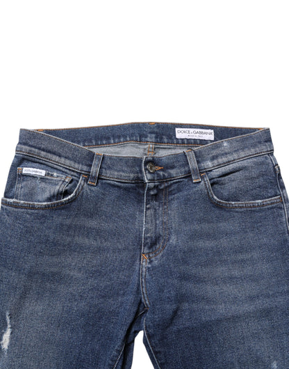 Dolce & Gabbana Blue Cotton Logo Plaque Skinny Jeans for Men