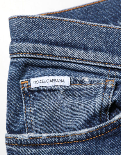 Dolce & Gabbana Blue Cotton Logo Plaque Skinny Jeans for Men