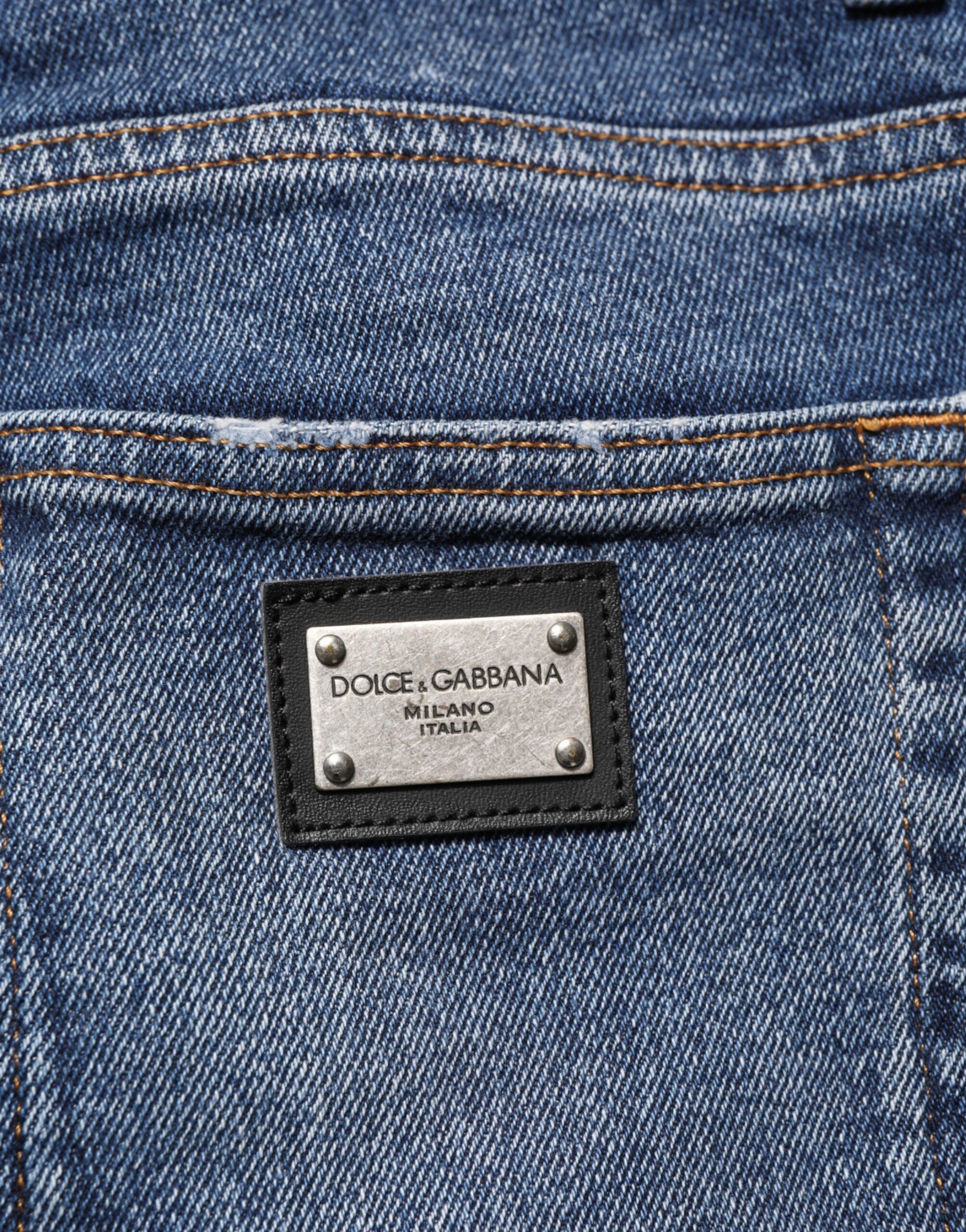 Dolce & Gabbana Blue Cotton Logo Plaque Skinny Jeans for Men