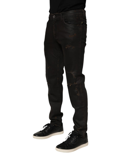 Dolce & Gabbana Dark Brown Tattered Cotton Skinny Denim Jeans