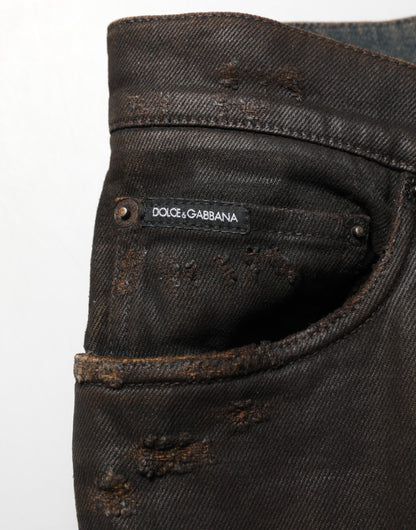 Dolce & Gabbana Dark Brown Tattered Cotton Skinny Denim Jeans