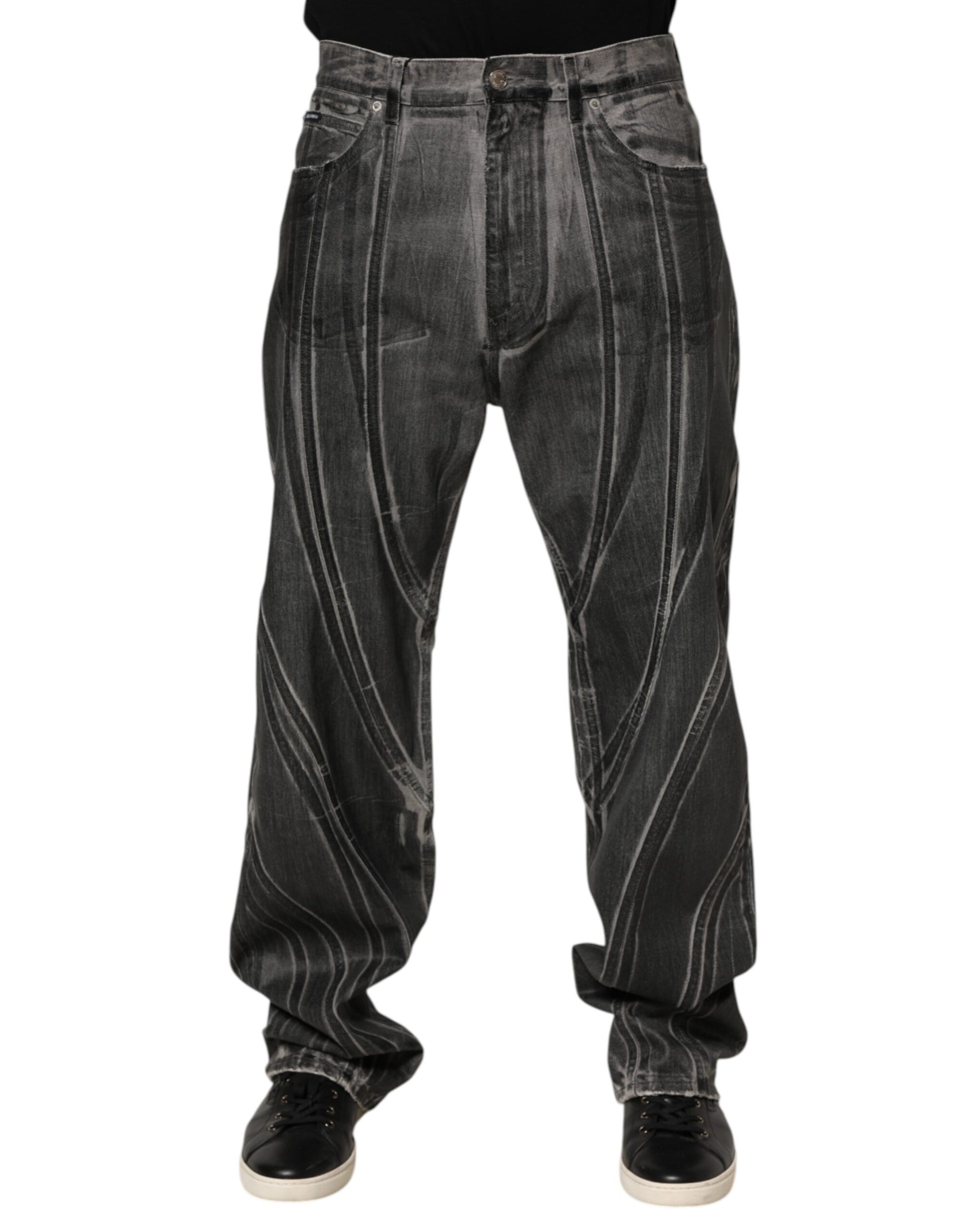 Dolce & Gabbana Black Grey Graphic Print Denim Pants