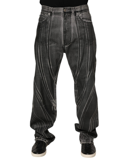 Dolce & Gabbana Black Grey Graphic Print Denim Pants