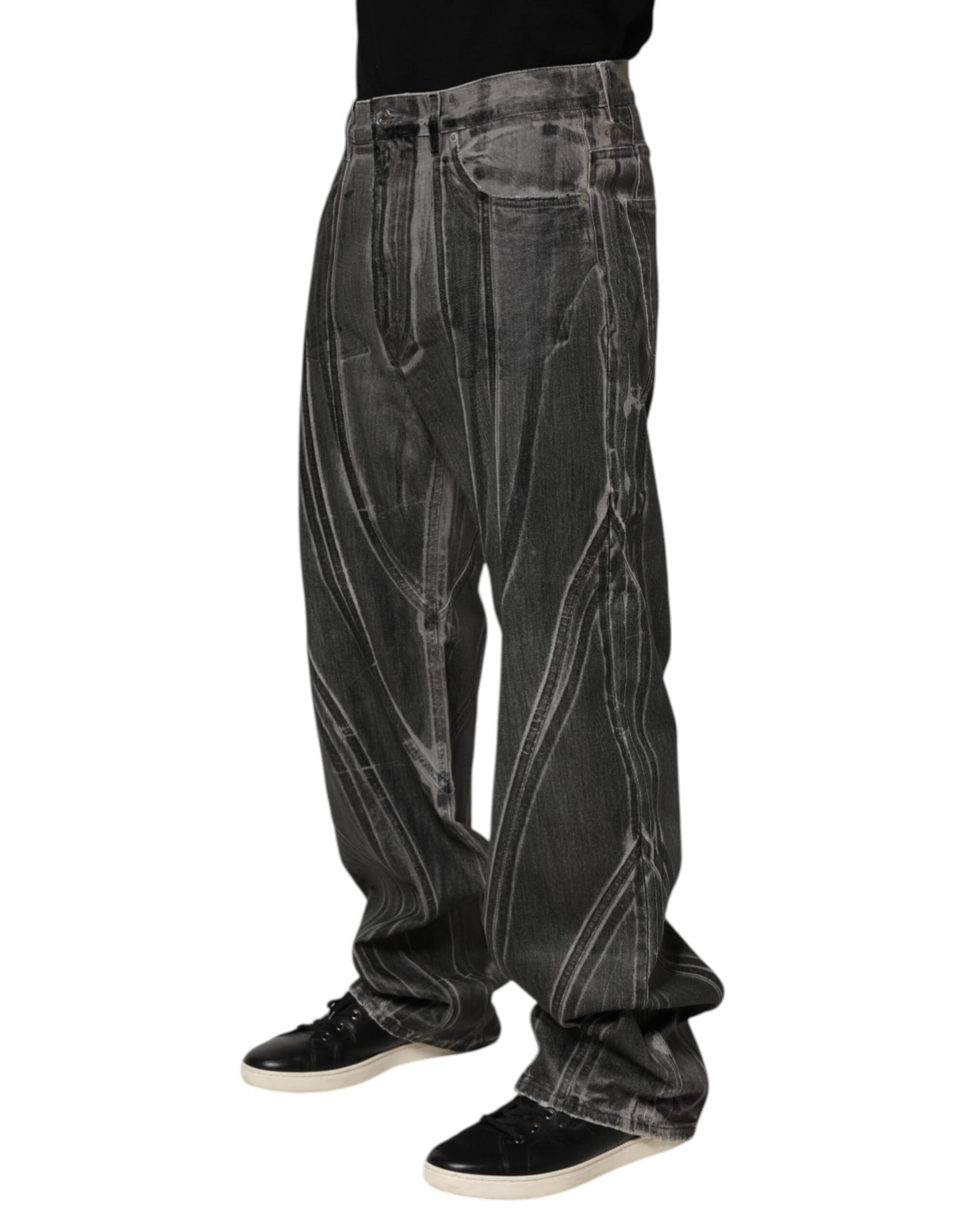 Dolce & Gabbana Black Grey Graphic Print Denim Pants