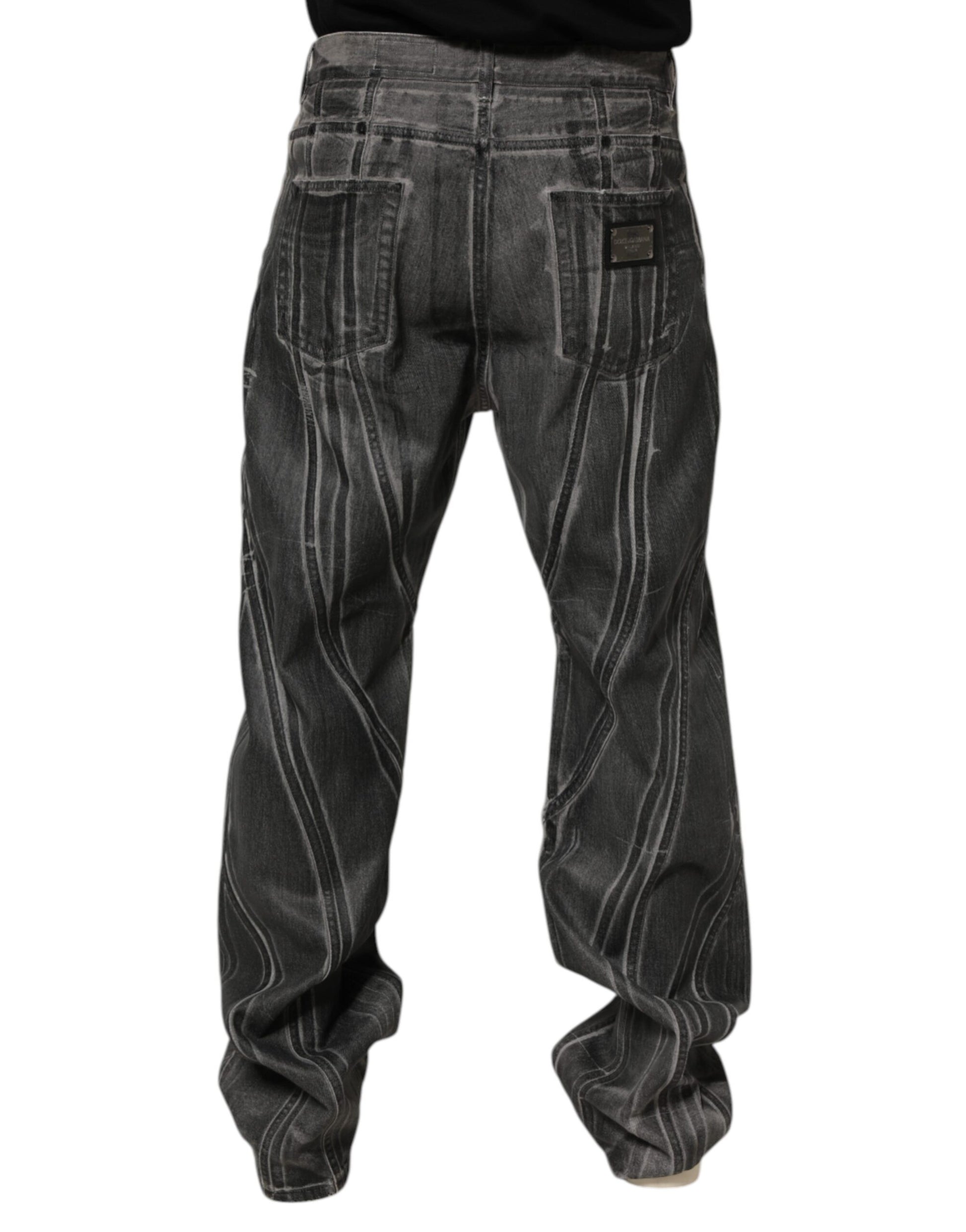 Dolce & Gabbana Black Grey Graphic Print Denim Pants