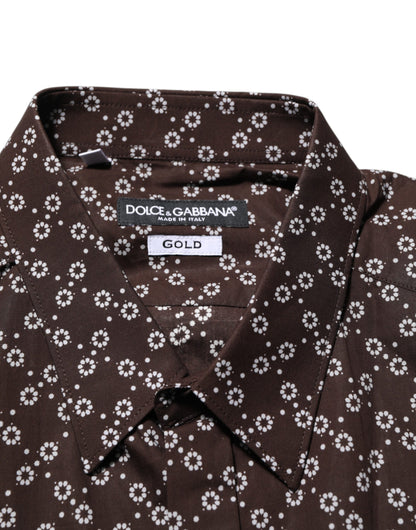 Dolce & Gabbana Brown Floral Collared GOLD Formal Dress Shirt