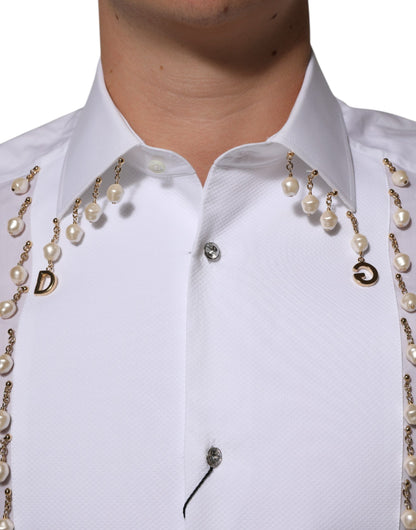 Dolce & Gabbana White Cotton DG Logo Pearl Gold Formal Shirt
