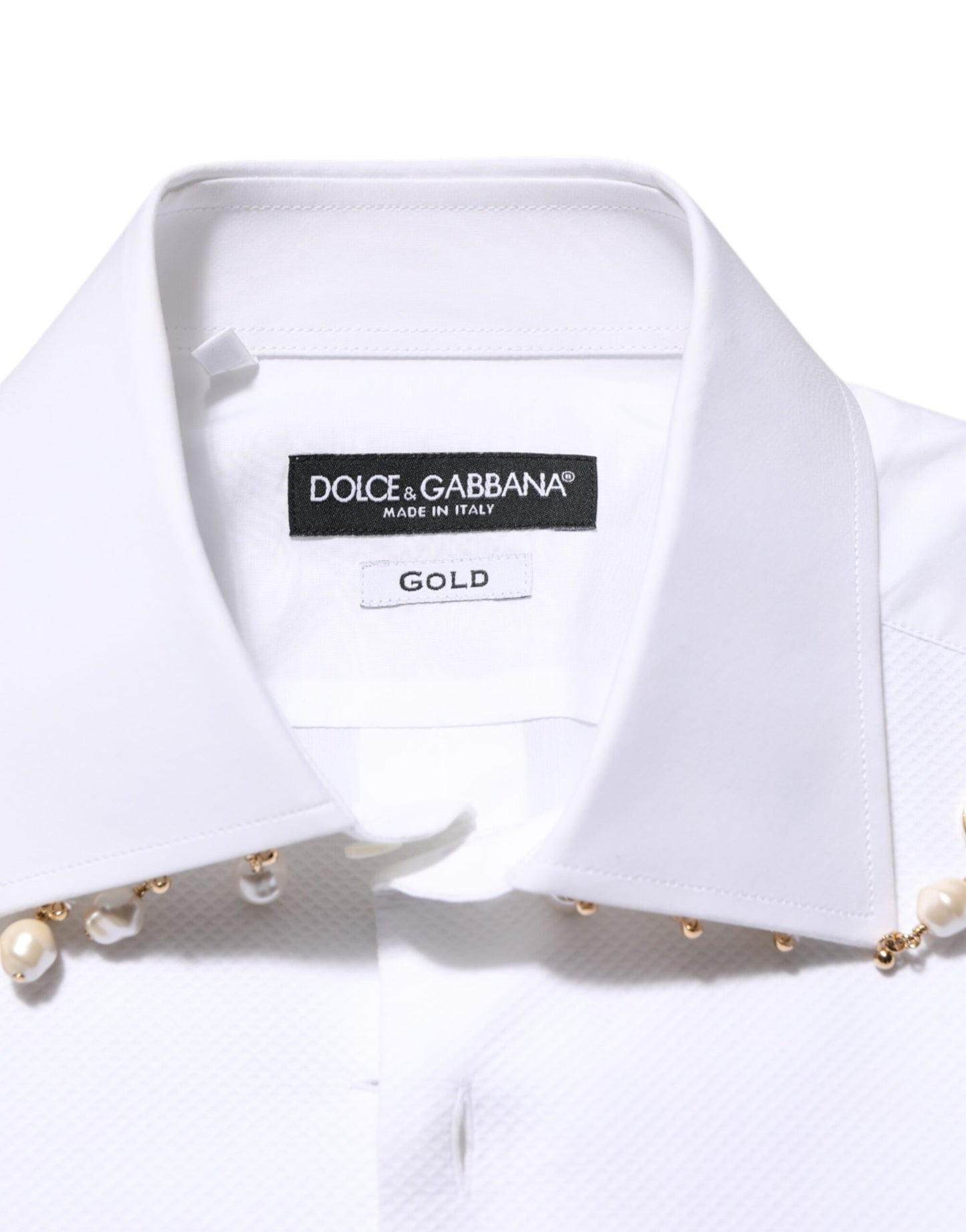 Dolce & Gabbana White Cotton DG Logo Pearl Gold Formal Shirt