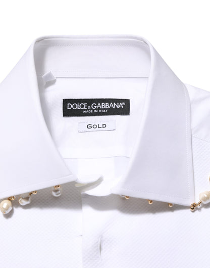 Dolce & Gabbana White Cotton DG Logo Pearl Gold Formal Shirt