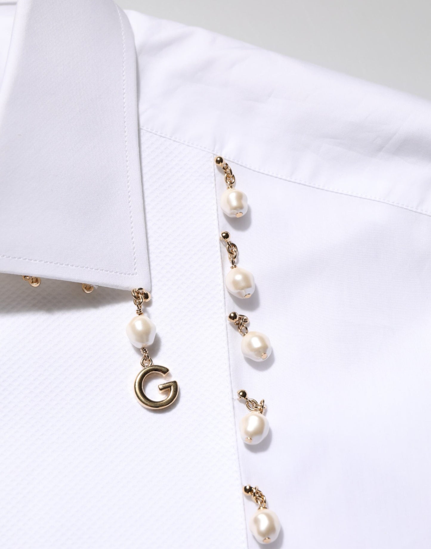 Dolce & Gabbana White Cotton DG Logo Pearl Gold Formal Shirt