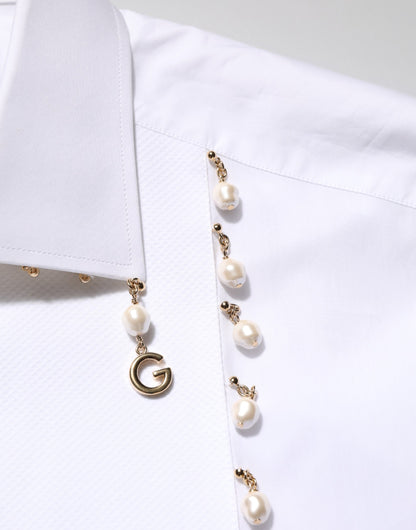 Dolce & Gabbana White Cotton DG Logo Pearl Gold Formal Shirt