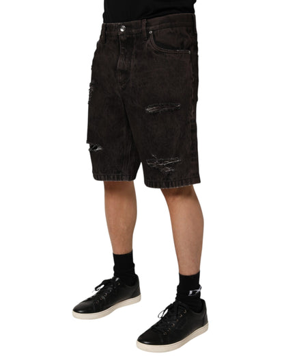 Dolce & Gabbana Black Cotton Tattered Denim Bermuda Shorts