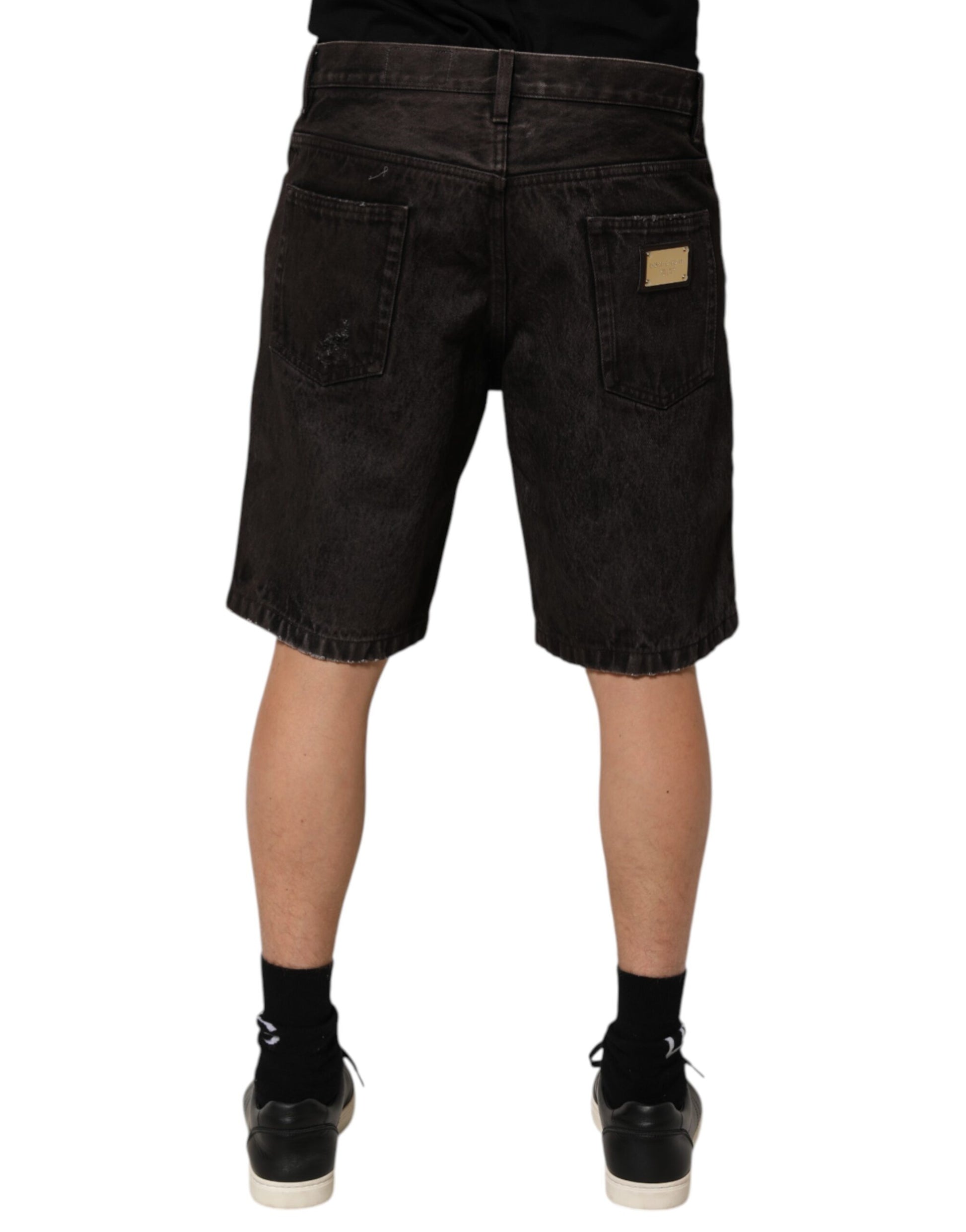 Dolce & Gabbana Black Cotton Tattered Denim Bermuda Shorts