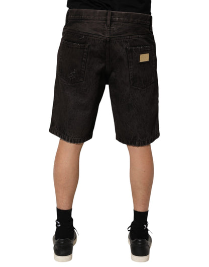 Dolce & Gabbana Black Cotton Tattered Denim Bermuda Shorts