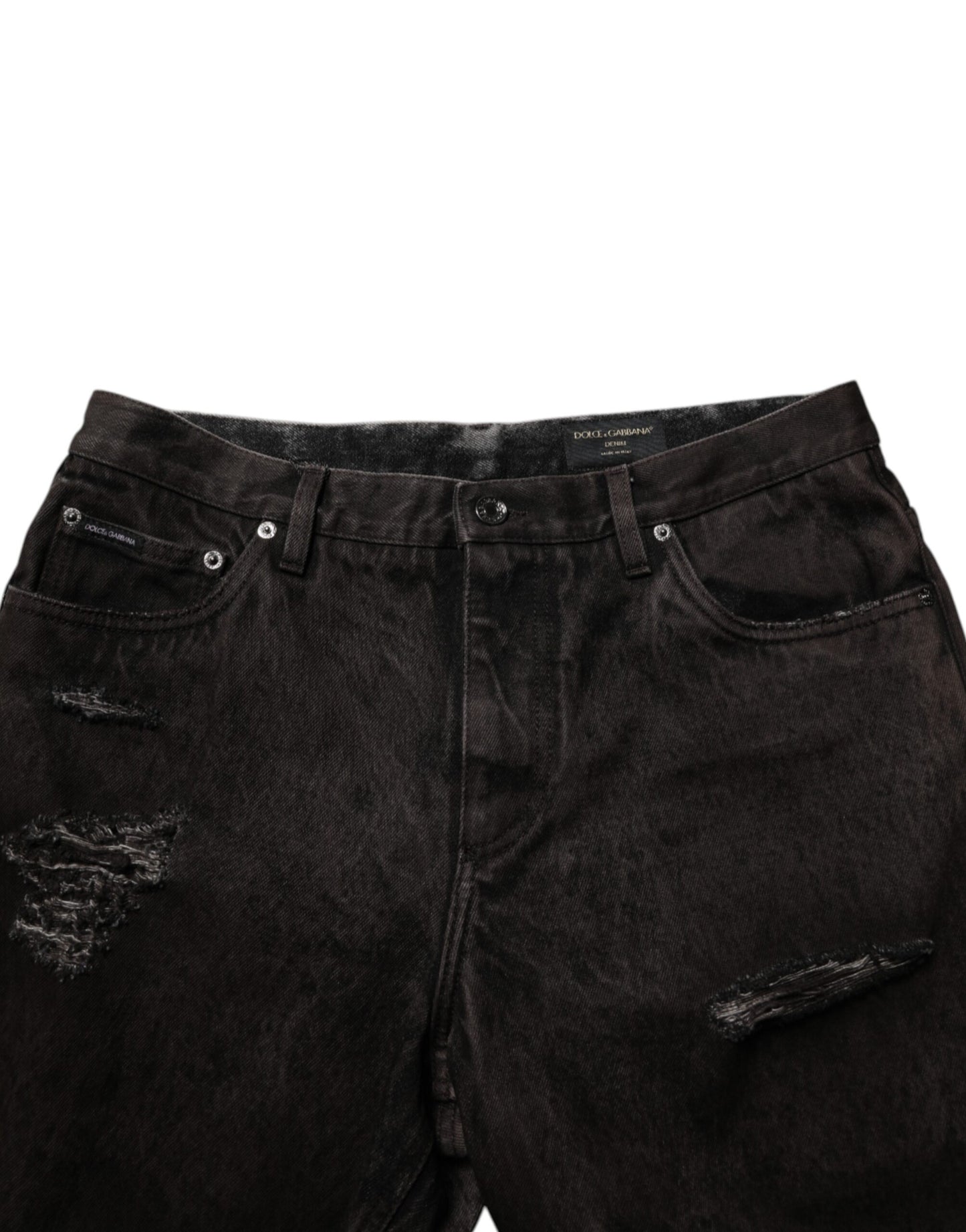 Dolce & Gabbana Black Cotton Tattered Denim Bermuda Shorts
