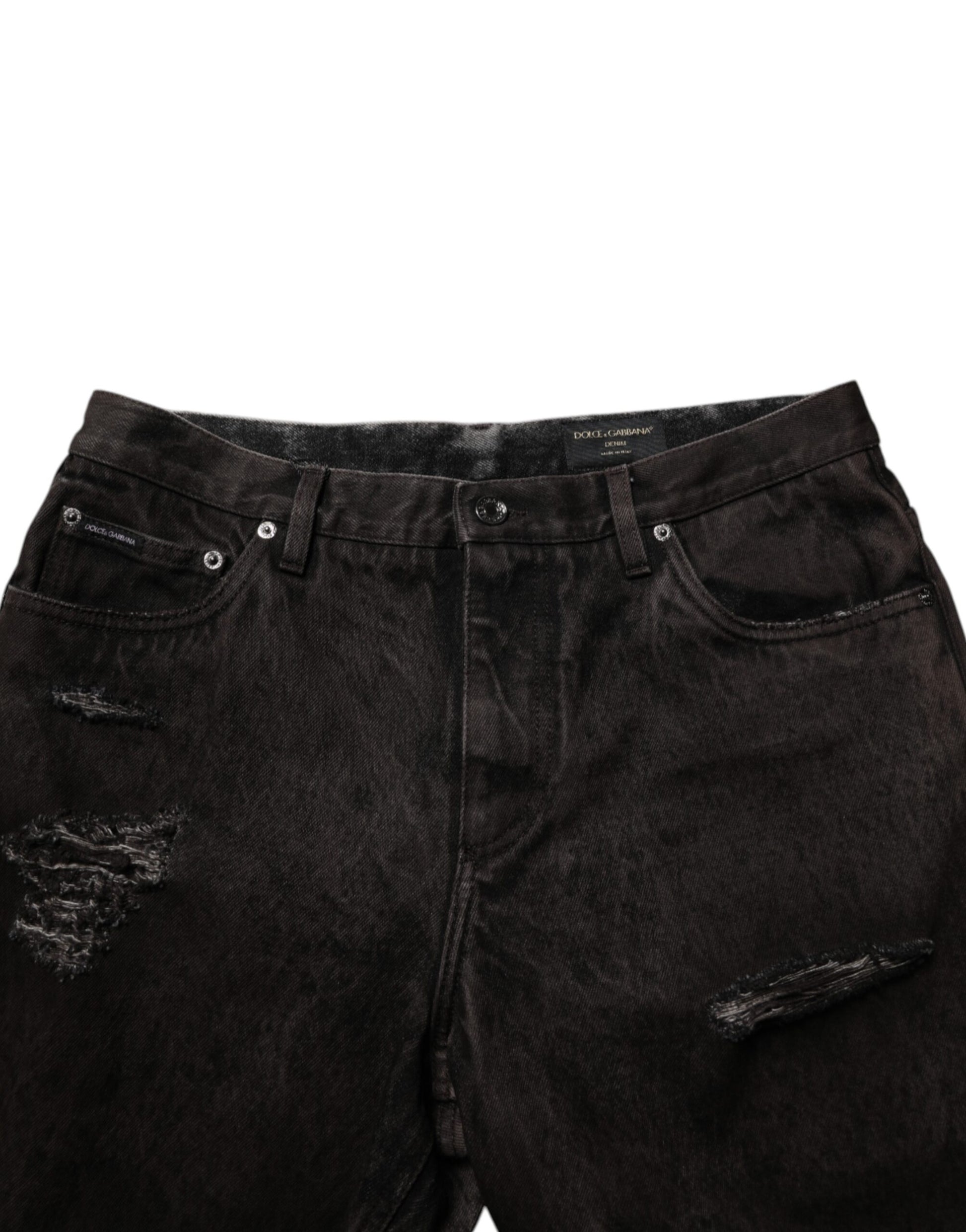 Dolce & Gabbana Black Cotton Tattered Denim Bermuda Shorts