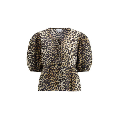 Ganni Leopard Cotton Puff Short Sleeve Shirt