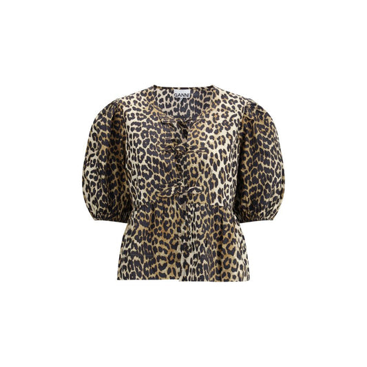 Ganni Leopard Cotton Puff Short Sleeve Shirt