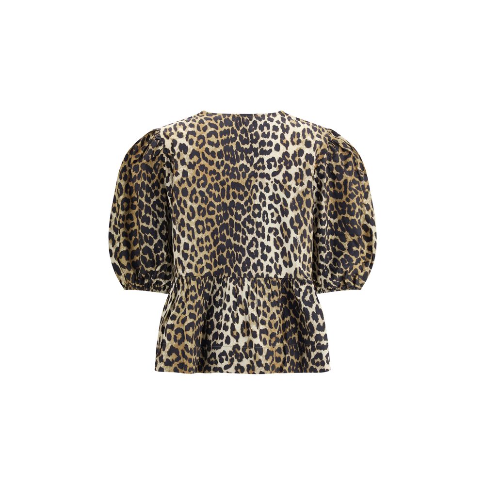 Ganni Leopard Cotton Puff Short Sleeve Shirt