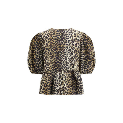 Ganni Leopard Cotton Puff Short Sleeve Shirt
