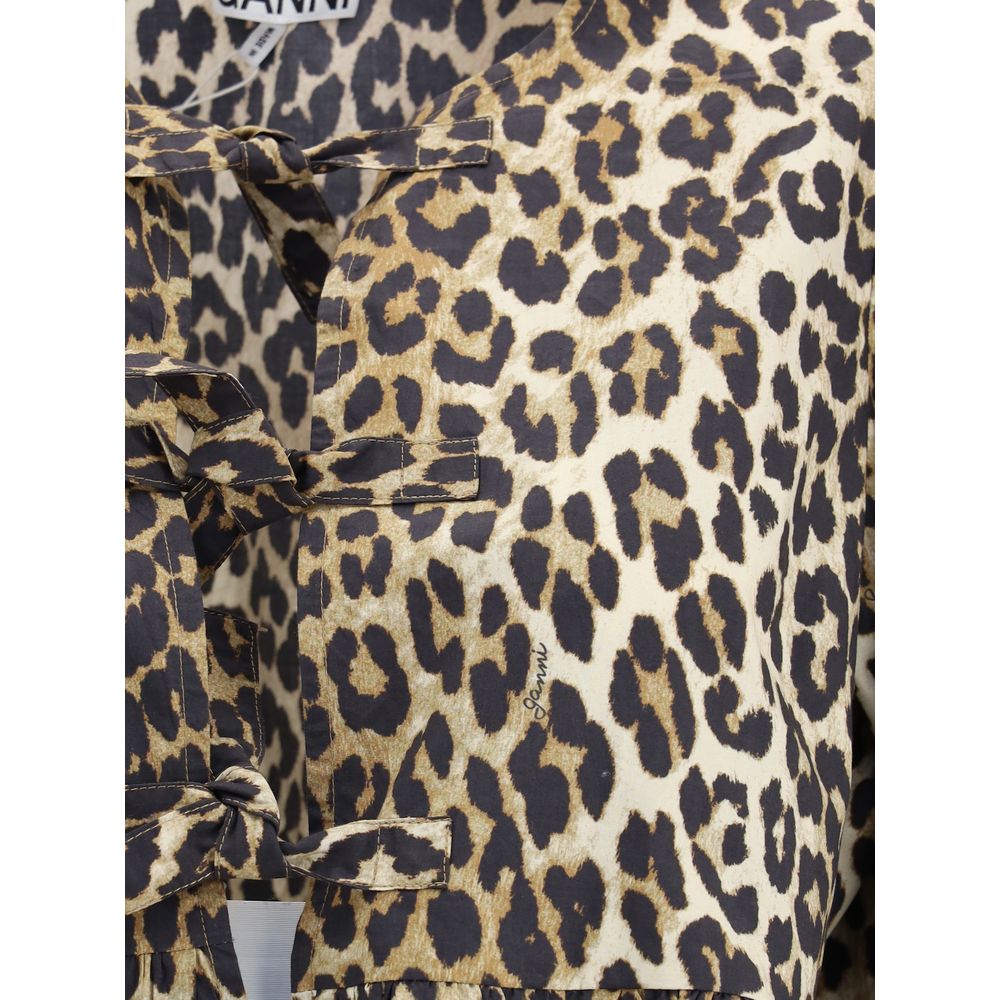 Ganni Leopard Cotton Puff Short Sleeve Shirt