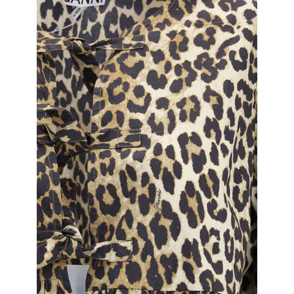 Ganni Leopard Cotton Puff Short Sleeve Shirt