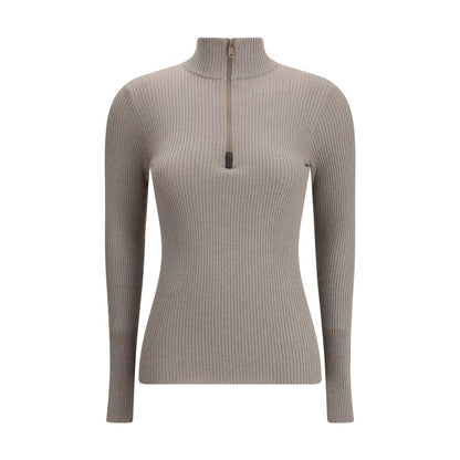 Brunello Cucinelli Brown Half Zip High Neck Top for Women