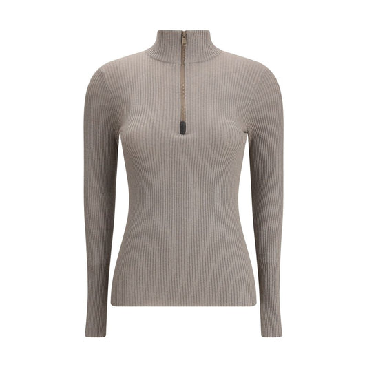 Brunello Cucinelli Brown Half Zip High Neck Top for Women