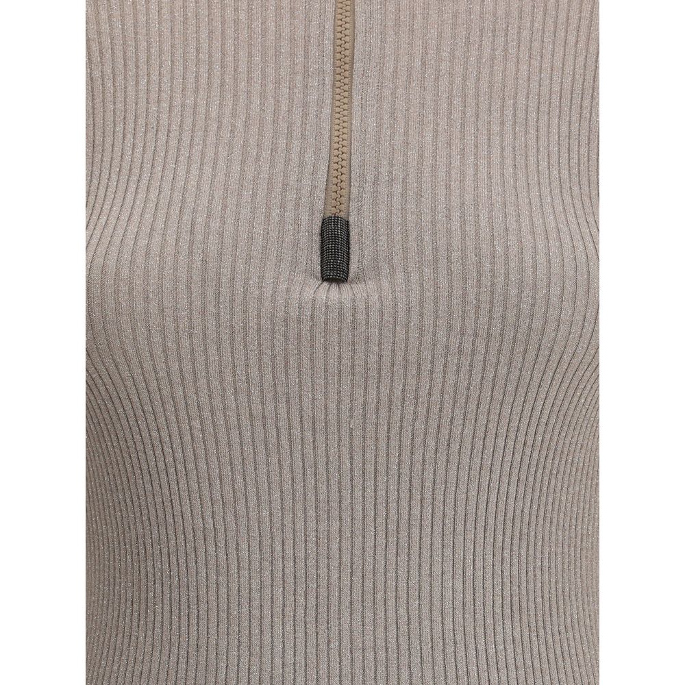 Brunello Cucinelli Brown Half Zip High Neck Top for Women