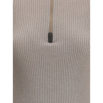Brunello Cucinelli Brown Half Zip High Neck Top for Women