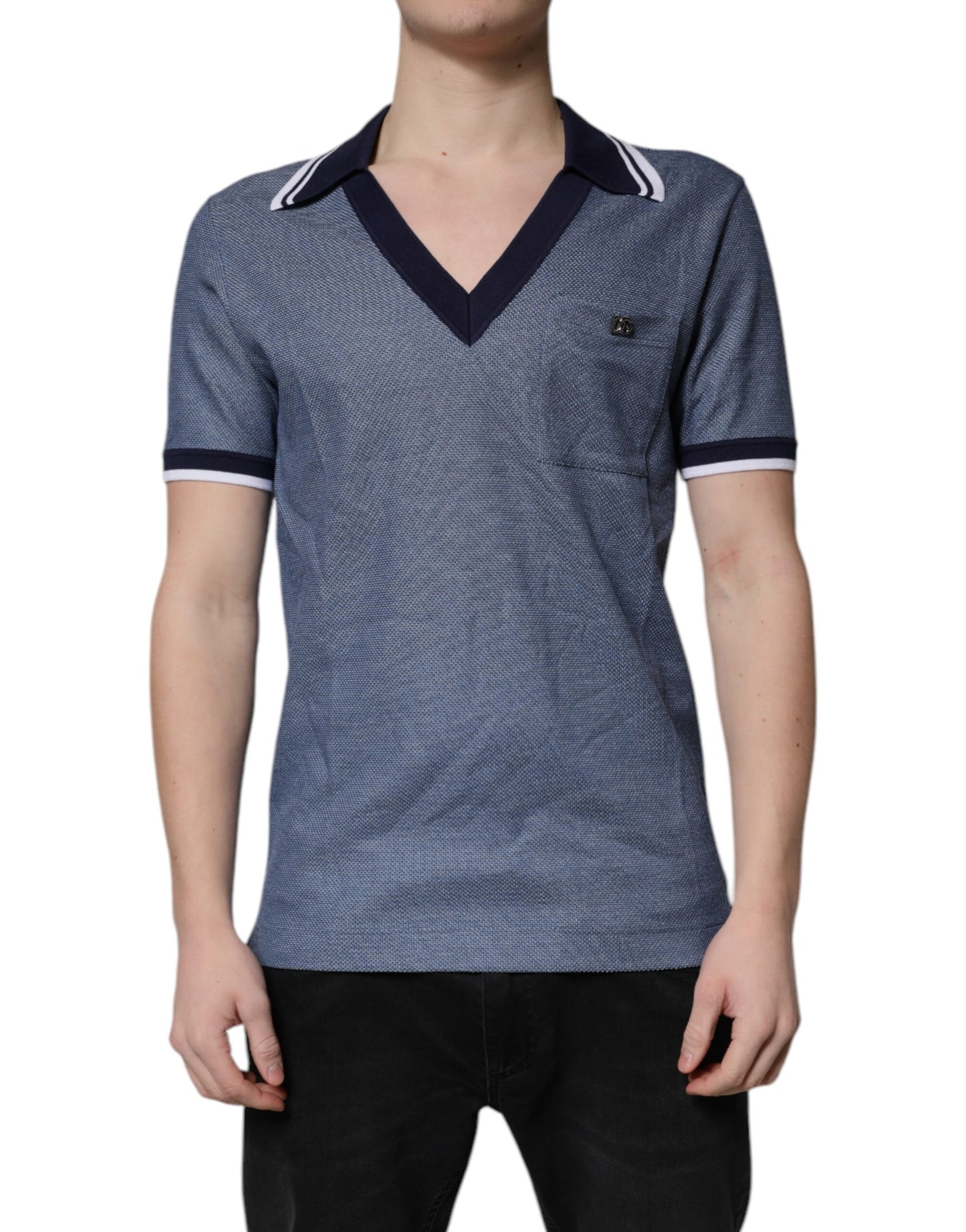 Dolce & Gabbana Blue Collared V-neck Silk Blend Polo T-shirt