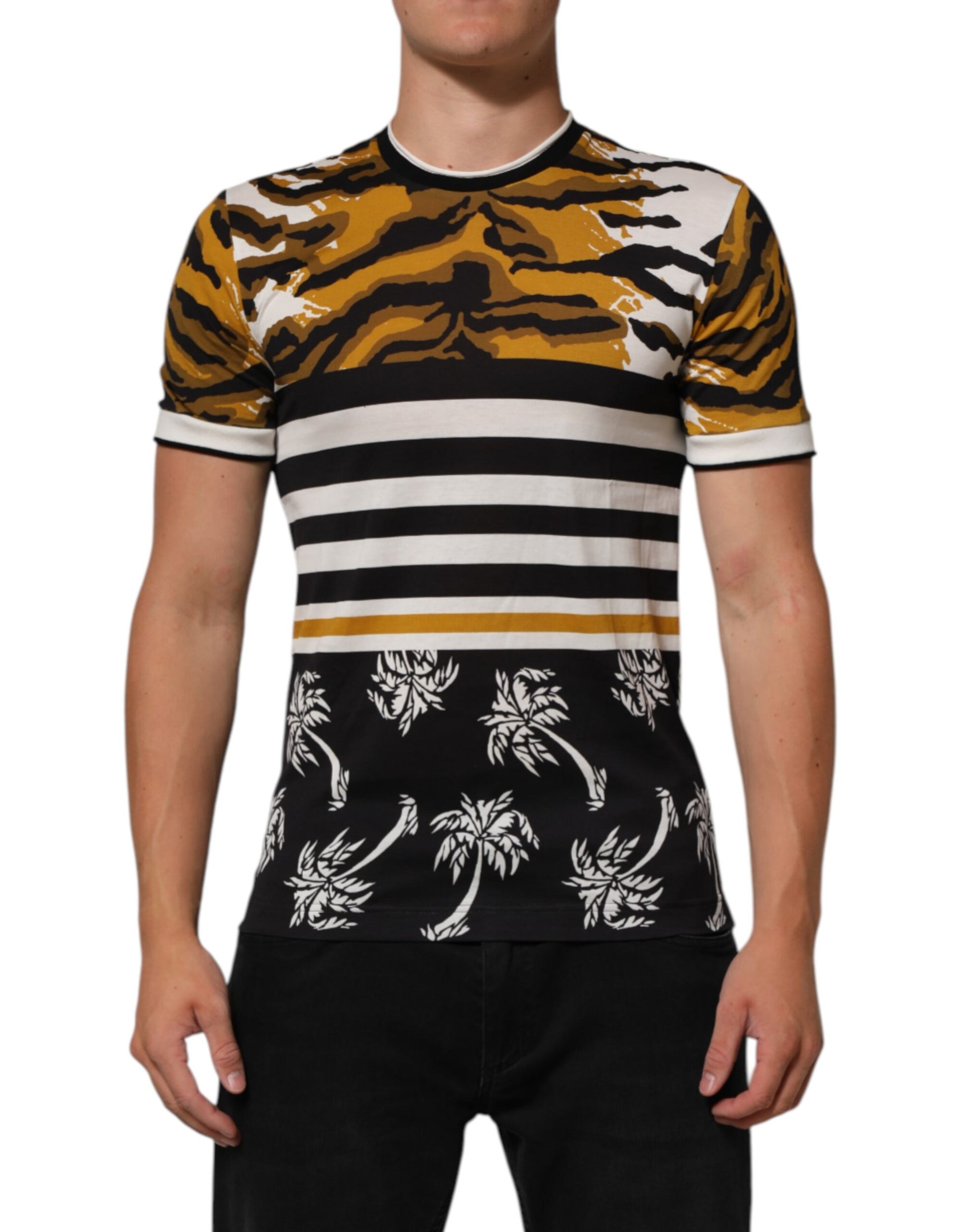 Dolce & Gabbana Multicolor Leopard Palm Leaf Men Crew Neck T-shirt
