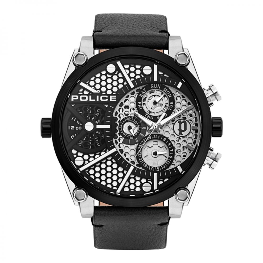 Police Oversized Men’s Watch – Grey Dial, Black Leather Strap & Grey Case