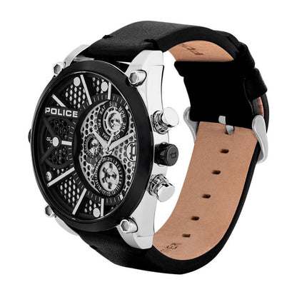 Police Oversized Men’s Watch – Grey Dial, Black Leather Strap & Grey Case