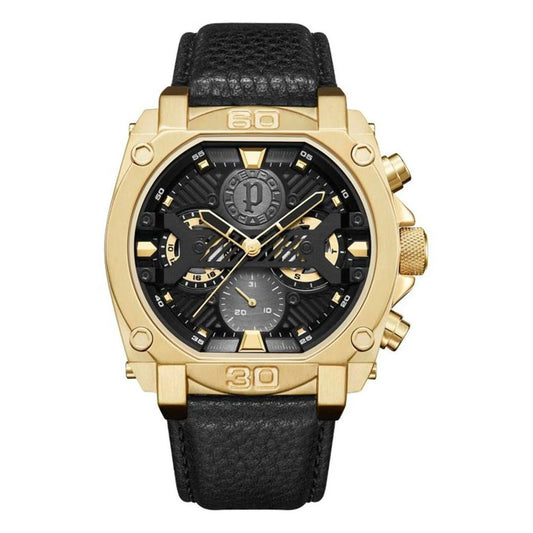 Police Norwood Men’s Watch – Black Dial & Black Leather Strap, Gold Case, 45.4mm