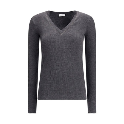 Brunello Cucinelli Long Sleeve Wool Ribbed Jersey T-Shirt with Shiny Trim
