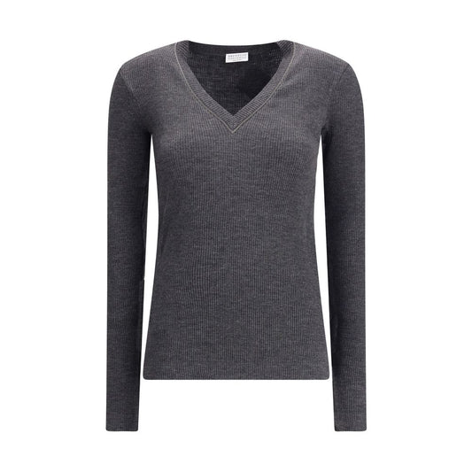 Brunello Cucinelli Long Sleeve Wool Ribbed Jersey T-Shirt with Shiny Trim