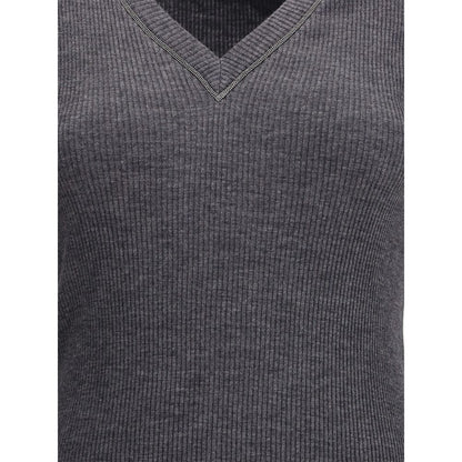 Brunello Cucinelli Long Sleeve Wool Ribbed Jersey T-Shirt with Shiny Trim
